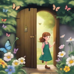 Create an image of a young girl named Lily, who discovers a hidden door in her grandmother's garden