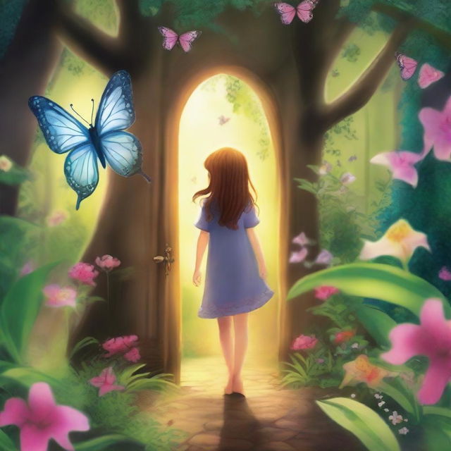 Create an image of a young girl named Lily, who discovers a hidden door in her grandmother's garden