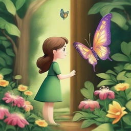 Create an image of a young girl named Lily, who discovers a hidden door in her grandmother's garden