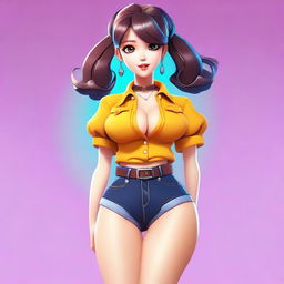 A sexy animated girl with an alluring pose, wearing a stylish outfit