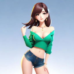 A sexy animated girl with an alluring pose, wearing a stylish outfit