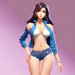 A sexy animated girl with an alluring pose, wearing a stylish outfit