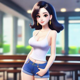 A sexy animated girl with an alluring pose, wearing a stylish outfit