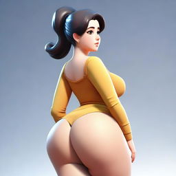 An animated girl with a curvy figure, emphasizing her prominent backside