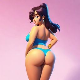 An animated girl with a curvy figure, emphasizing her prominent backside