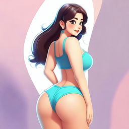 An animated girl with a curvy figure, emphasizing her prominent backside