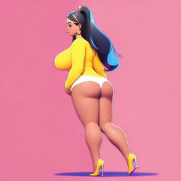 An animated girl with a curvy figure, emphasizing her prominent backside