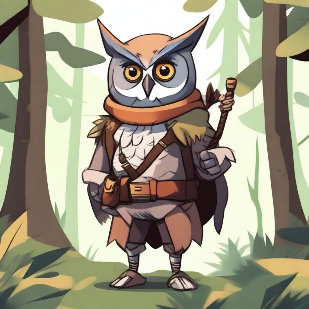 A cute and cool owl humanoid dressed in adventure clothes, carrying a longbow