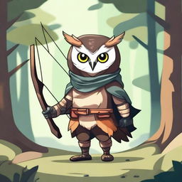 A cute and cool owl humanoid dressed in adventure clothes, carrying a longbow