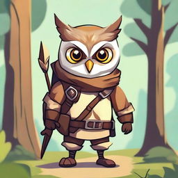 A cute and cool owl humanoid dressed in adventure clothes, carrying a longbow