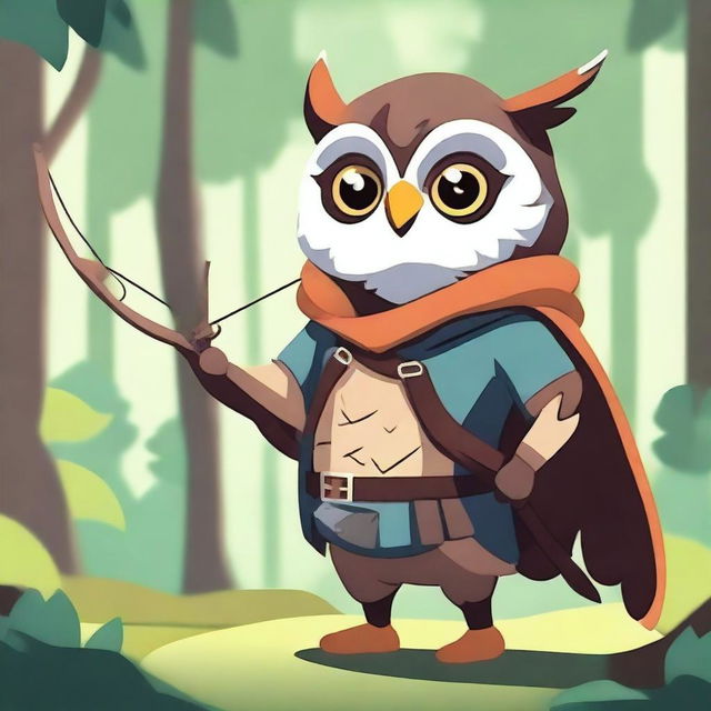 A cute and cool owl humanoid dressed in adventure clothes, carrying a longbow