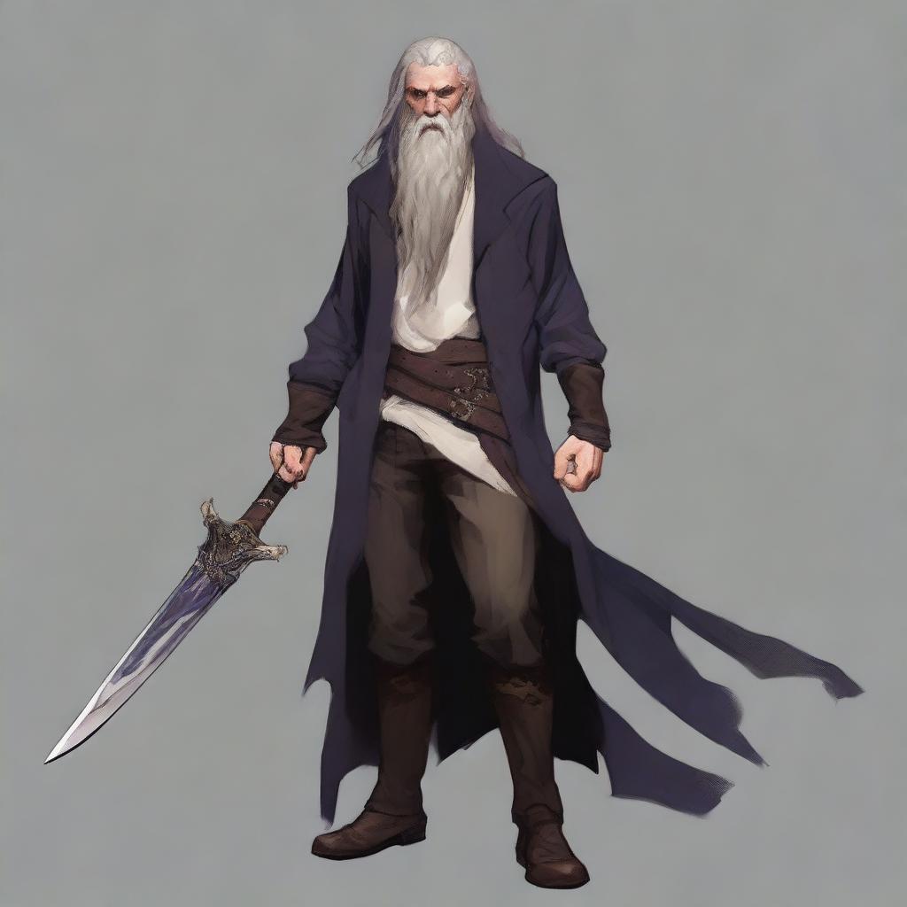 A full-body portrait of a medium-height, standard-built warlock whose appearance reflects a hard and dark life