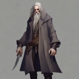 A full-body portrait of a medium-height, standard-built warlock whose appearance reflects a hard and dark life