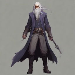 A full-body portrait of a medium-height, standard-built warlock whose appearance reflects a hard and dark life