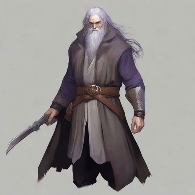 A full-body portrait of a medium-height, standard-built warlock whose appearance reflects a hard and dark life