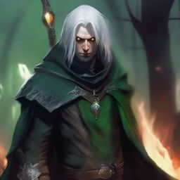 A portrait of a medium-height, average-built infernal warlock with an appearance similar to the Witcher