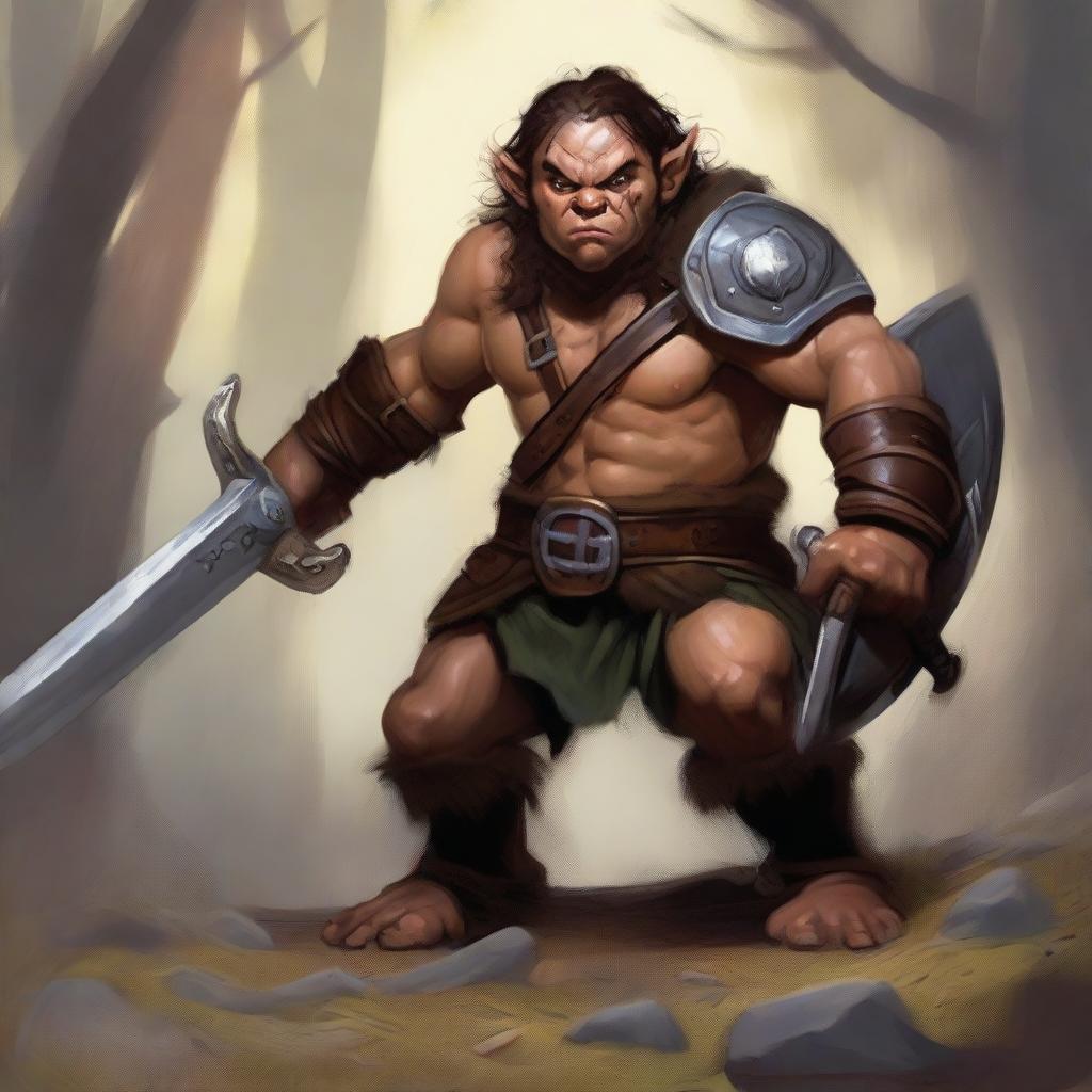 A detailed painting of a halfling barbarian holding a massive warhammer