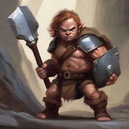 A detailed painting of a halfling barbarian holding a massive warhammer