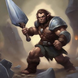 A detailed painting of a halfling barbarian holding a massive warhammer