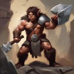 A detailed painting of a halfling barbarian holding a massive warhammer