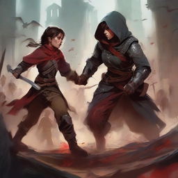 A fierce rogue protecting a young boy amidst a bloody battle with monstrous creatures