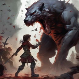 A fierce rogue protecting a young boy amidst a bloody battle with monstrous creatures