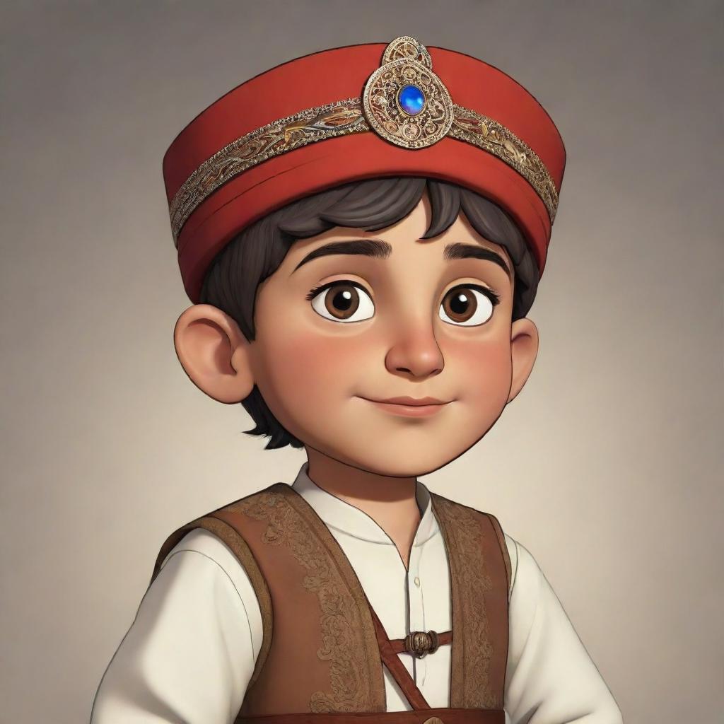 A charismatic cartoon Armenian boy, the central character of a cartoon. Dressed in traditional garb, his expression is one of determination and courage, reflecting his readiness for the exciting odyssey ahead.