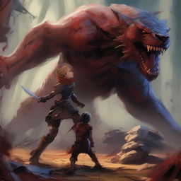 A fierce rogue protecting a young boy amidst a bloody battle with monstrous creatures