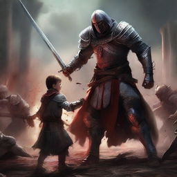 A valiant Templar warrior protecting a young boy amidst a bloody battle with monstrous creatures