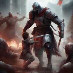 A valiant Templar warrior protecting a young boy amidst a bloody battle with monstrous creatures