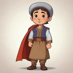 A charismatic cartoon Armenian boy, the central character of a cartoon. Dressed in traditional garb, his expression is one of determination and courage, reflecting his readiness for the exciting odyssey ahead.