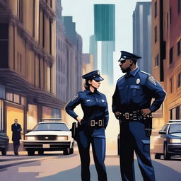 Create an image depicting the union of a police officer and a journalist in the city