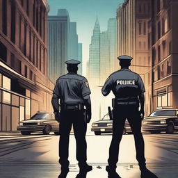 Create an image depicting the union of a police officer and a journalist in the city