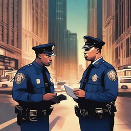 Create an image depicting the union of a police officer and a journalist in the city