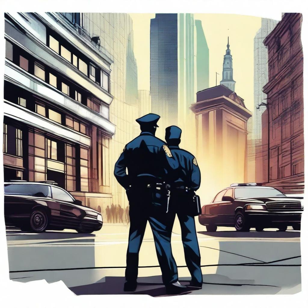 Create an image depicting the union of a police officer and a journalist in the city