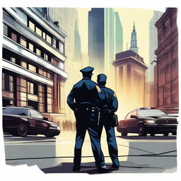 Create an image depicting the union of a police officer and a journalist in the city