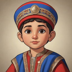 A charismatic cartoon Armenian boy, the central character of a cartoon. Dressed in traditional garb, his expression is one of determination and courage, reflecting his readiness for the exciting odyssey ahead.