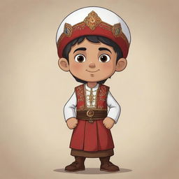 A charismatic cartoon Armenian boy, the central character of a cartoon. Dressed in traditional garb, his expression is one of determination and courage, reflecting his readiness for the exciting odyssey ahead.