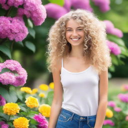 A beautiful, slender blonde girl with curly hair, smiling and looking happy