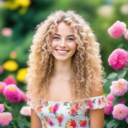 A beautiful, slender blonde girl with curly hair, smiling and looking happy