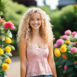 A beautiful, slender blonde girl with curly hair, smiling and looking happy