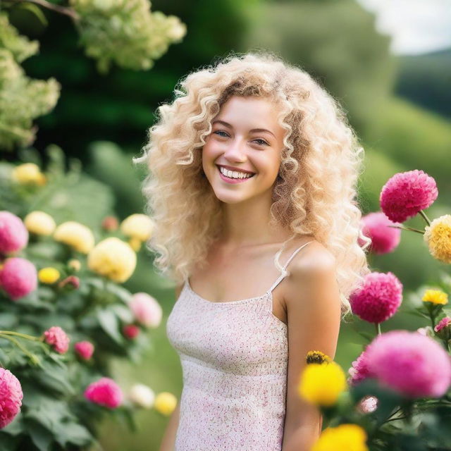 A beautiful, slender blonde girl with curly hair, smiling and looking happy