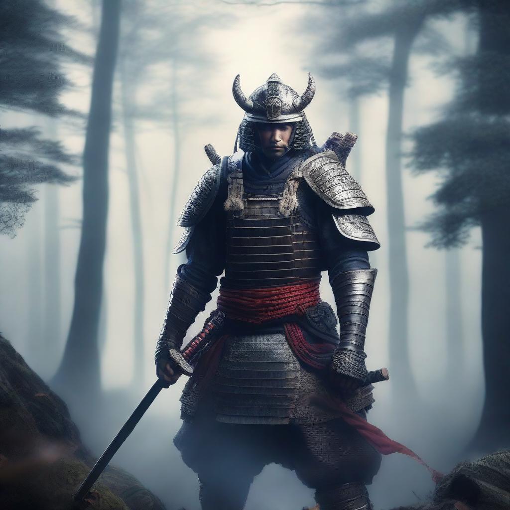 A fierce samurai warrior holding two katanas, dressed in traditional samurai armor with intricate details