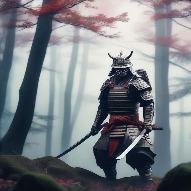 A fierce samurai warrior holding two katanas, dressed in traditional samurai armor with intricate details