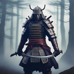 A fierce samurai warrior holding two katanas, dressed in traditional samurai armor with intricate details