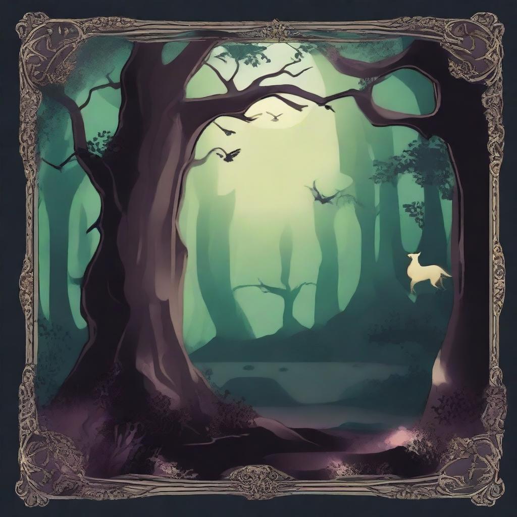 Create an enchanting border featuring dark fantasy lands