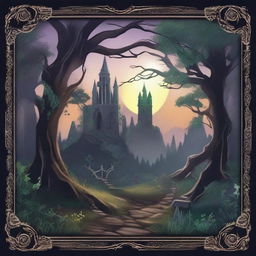 Create an enchanting border featuring dark fantasy lands