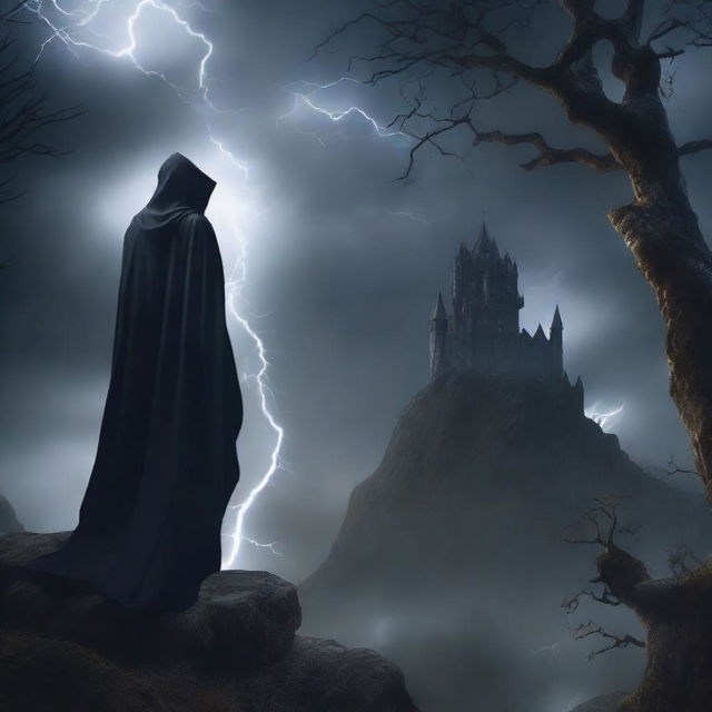 A dark fantasy book cover featuring a mysterious, cloaked figure standing on a cliff edge, overlooking a stormy, enchanted forest