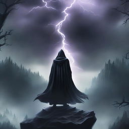 A dark fantasy book cover featuring a mysterious, cloaked figure standing on a cliff edge, overlooking a stormy, enchanted forest