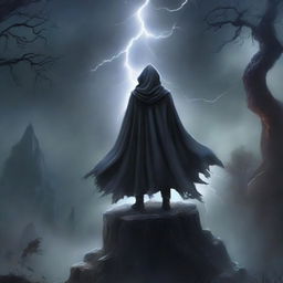 A dark fantasy book cover featuring a mysterious, cloaked figure standing on a cliff edge, overlooking a stormy, enchanted forest